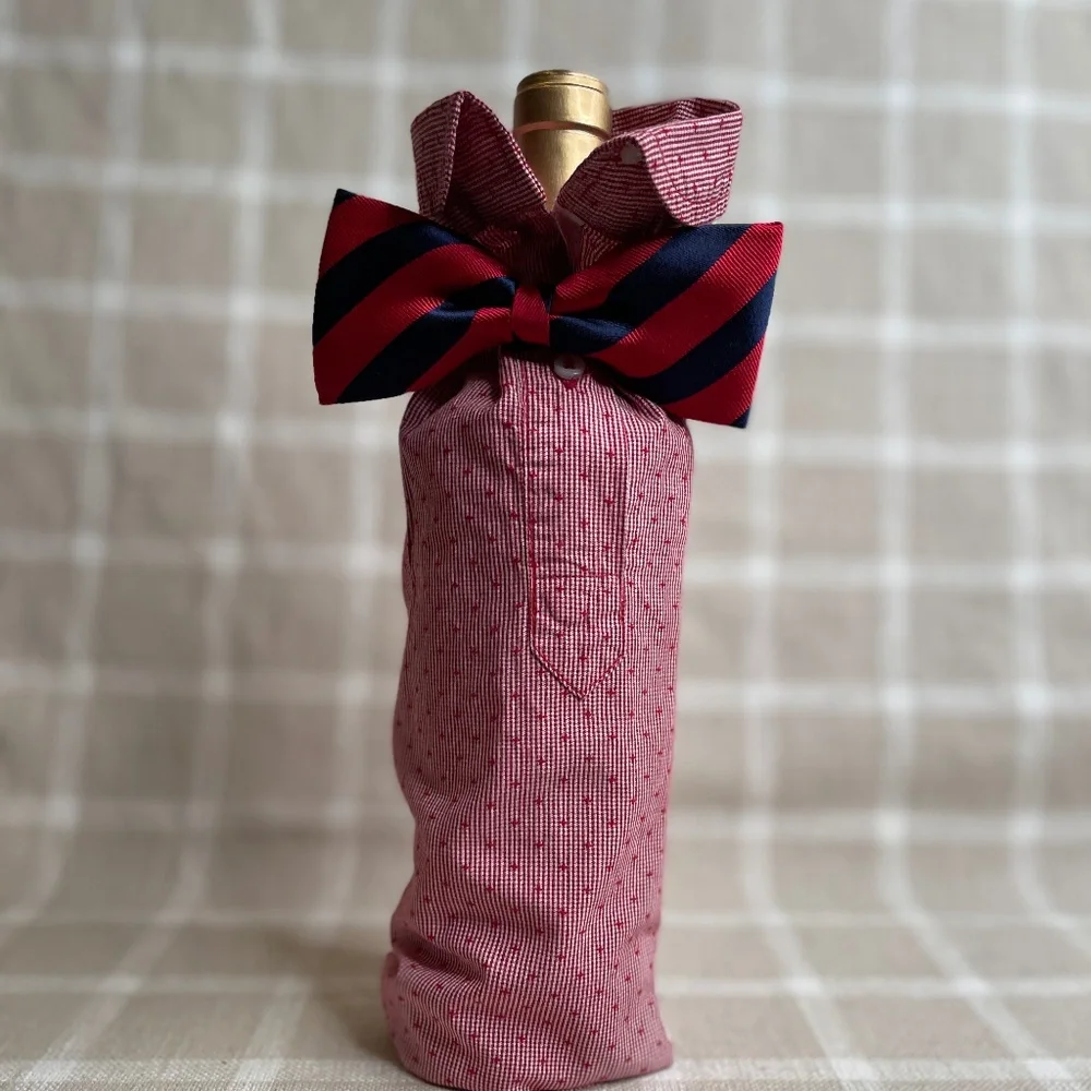 Handcrafted Wine or Liquor Bottle Gift Bag Made From Dress Shirt and Tie